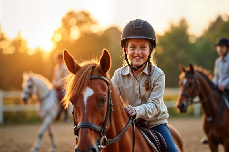 Happy girl enjoys horseback riding lesson at sunset. Smiles, looks at camera. Riders in background. Outdoor setting on farm riding school. Perfect for equestrian activity, kids learning horsemanship